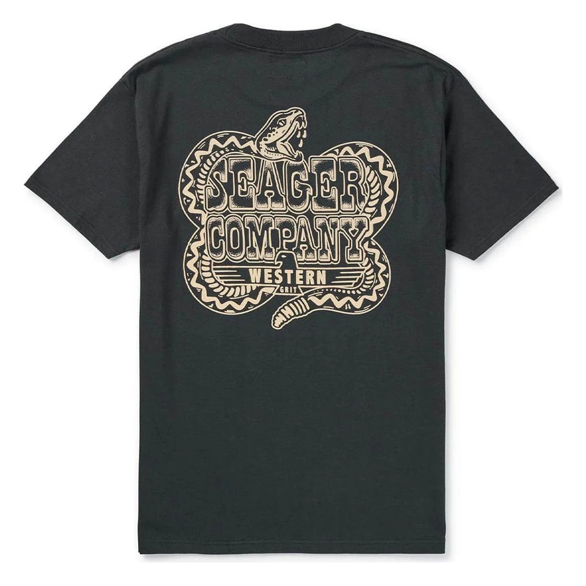 Back of Rattler Vintage Black Tee, Black with cream rattlesnake and shield graphic reading "Seager Company Western Grit -