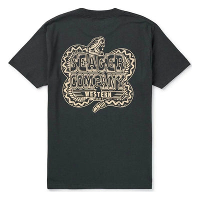 Back of Rattler Vintage Black Tee, Black with cream rattlesnake and shield graphic reading "Seager Company Western Grit -
