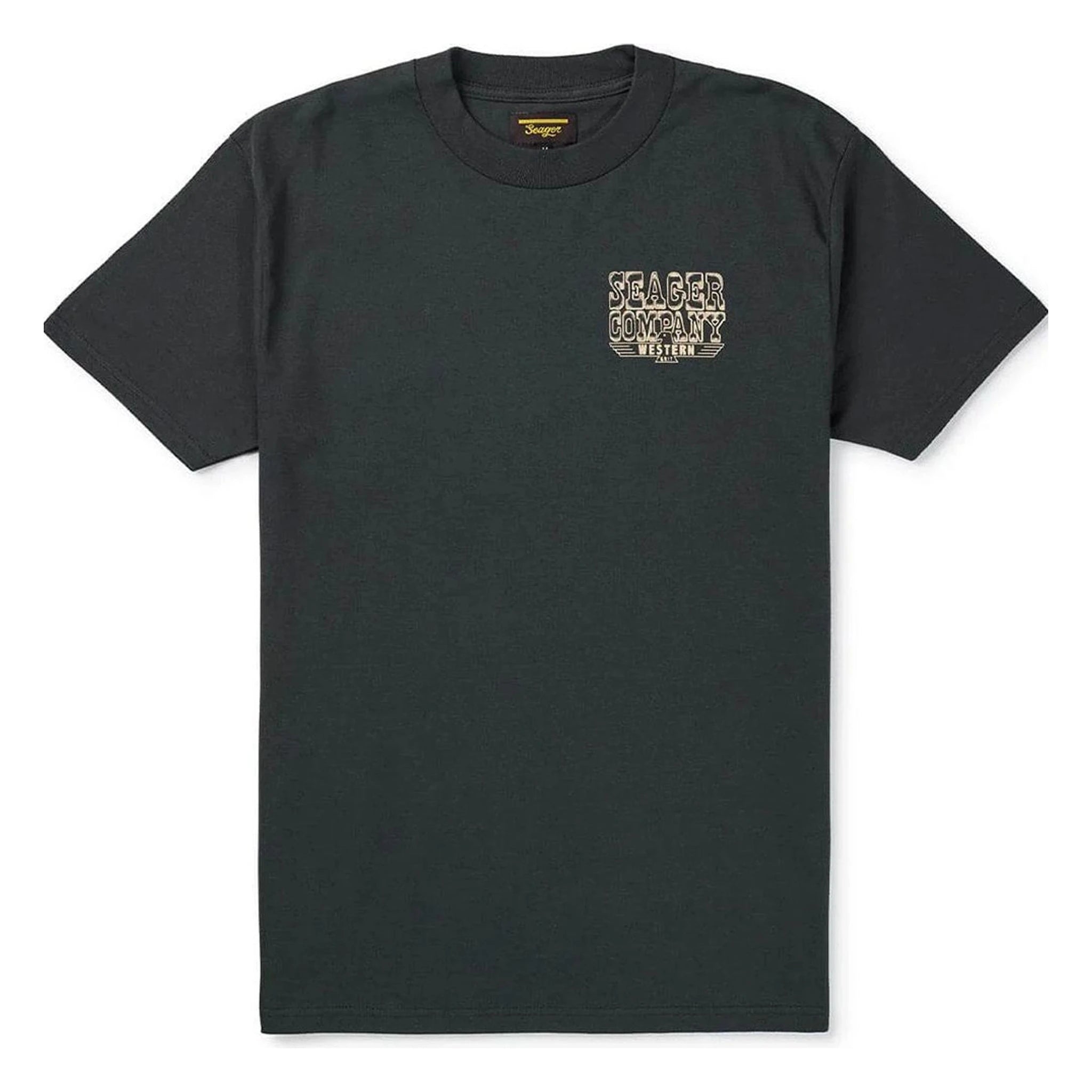 Close-up of Rattler Vintage Black Tee showing Vintage black with cream and tan outlined text graphic on chest reading