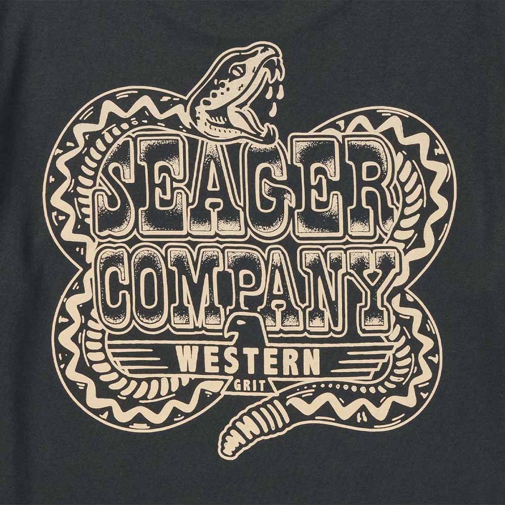 Close-up of Rattler Vintage Black Tee showing Cream snake graphic with outlined lettering and distressed texture, cream
