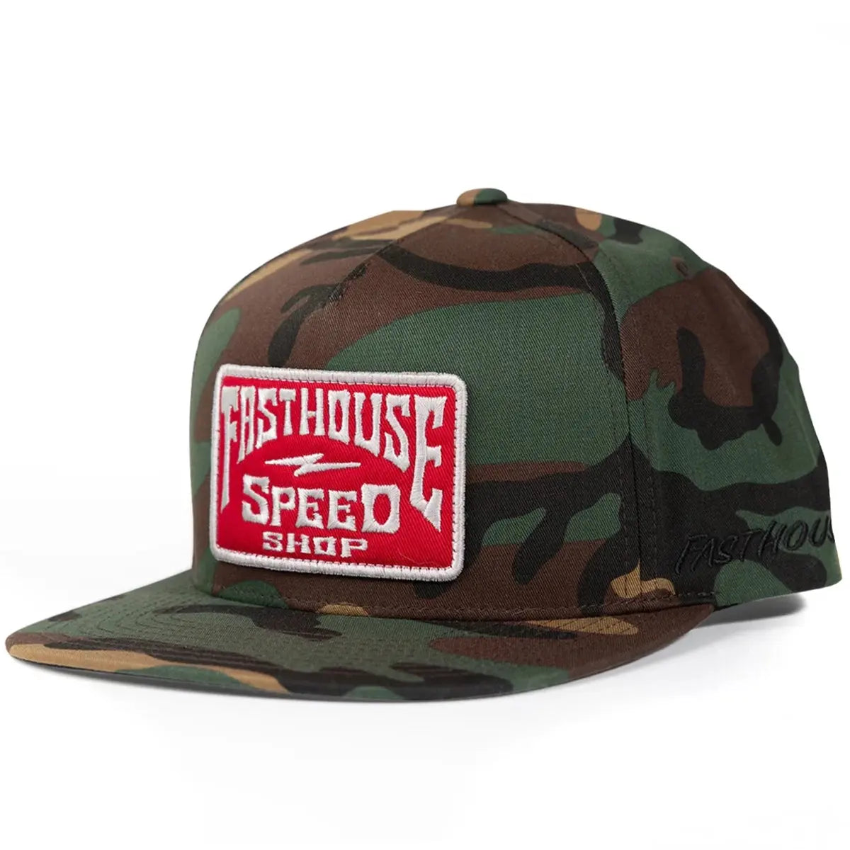 Record Hat Apparel front view, Woodland camouflage with red and white rectangular speed shop patch on front panel, Black