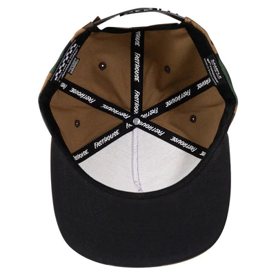 Close-up of Record Hat Apparel Black Apparel showing Black cap with tan and forest green colorblocking, black text webbing