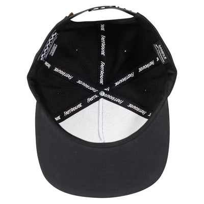 Close-up of Record Hat Apparel Black Apparel showing Black cap with white text tape across back strap reading repeated