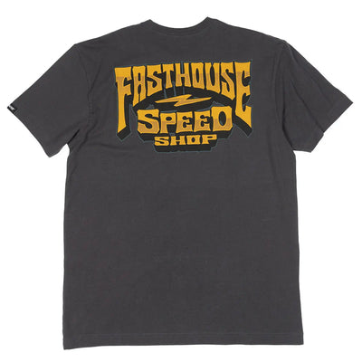 Record front view, Charcoal with gold and black shop graphic featuring lightning bolt and distressed frame detail, Natural