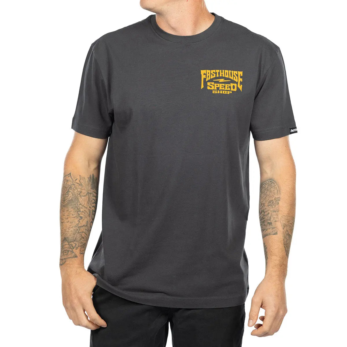 Person wearing Record Natural Tee, Man wearing charcoal tee against plain white background studio setting - Slowride Supply