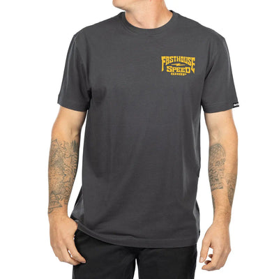 Person wearing Record Natural Tee, Man wearing charcoal tee against plain white background studio setting - Slowride Supply