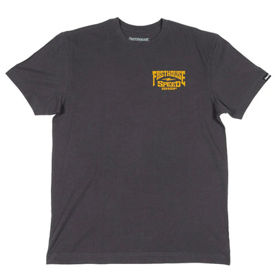 Close-up of Record Natural Tee showing Charcoal gray with yellow and black speed shop graphic on chest, small brand logo on