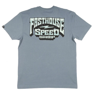 Back of Record Natural Tee, Stone blue with black and cream speed shop graphic featuring lightning bolt and layered banner