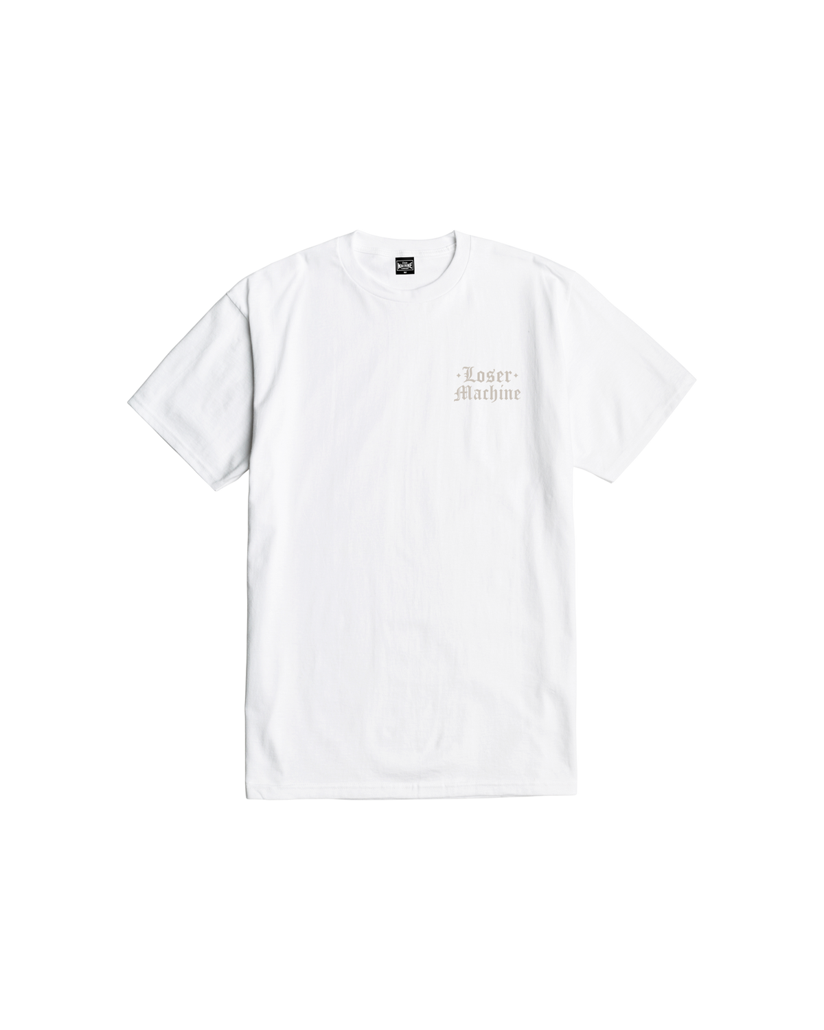 Close-up of Revoke Black Tee showing White tee with small tan gothic-style "Loser Machine" text on chest, crew neck collar,