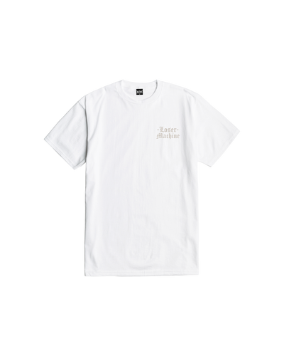 Close-up of Revoke Black Tee showing White tee with small tan gothic-style "Loser Machine" text on chest, crew neck collar,