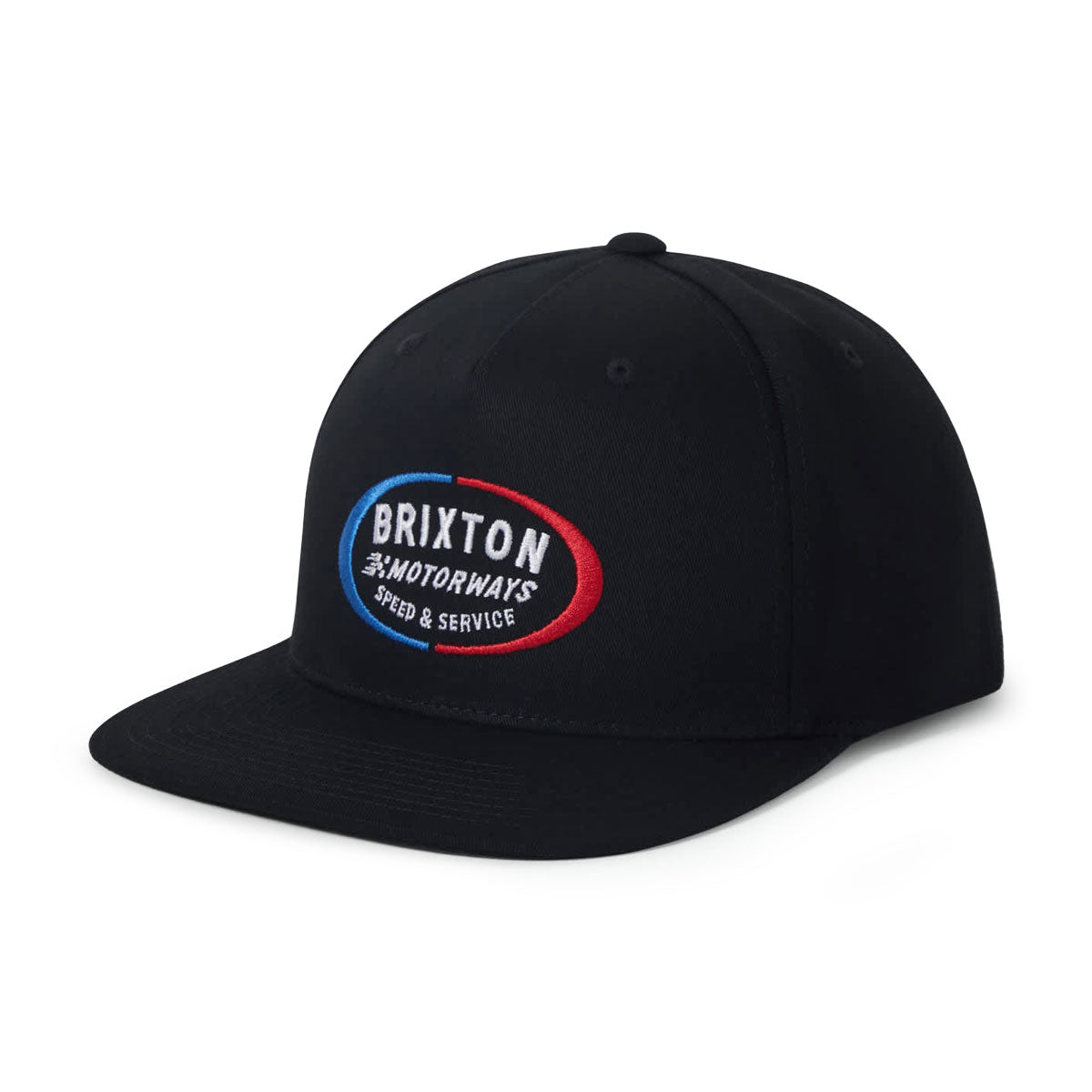 Rhett MP Snapback front view, Black with embroidered oval patch featuring blue and red border, white "Brixton Motorways