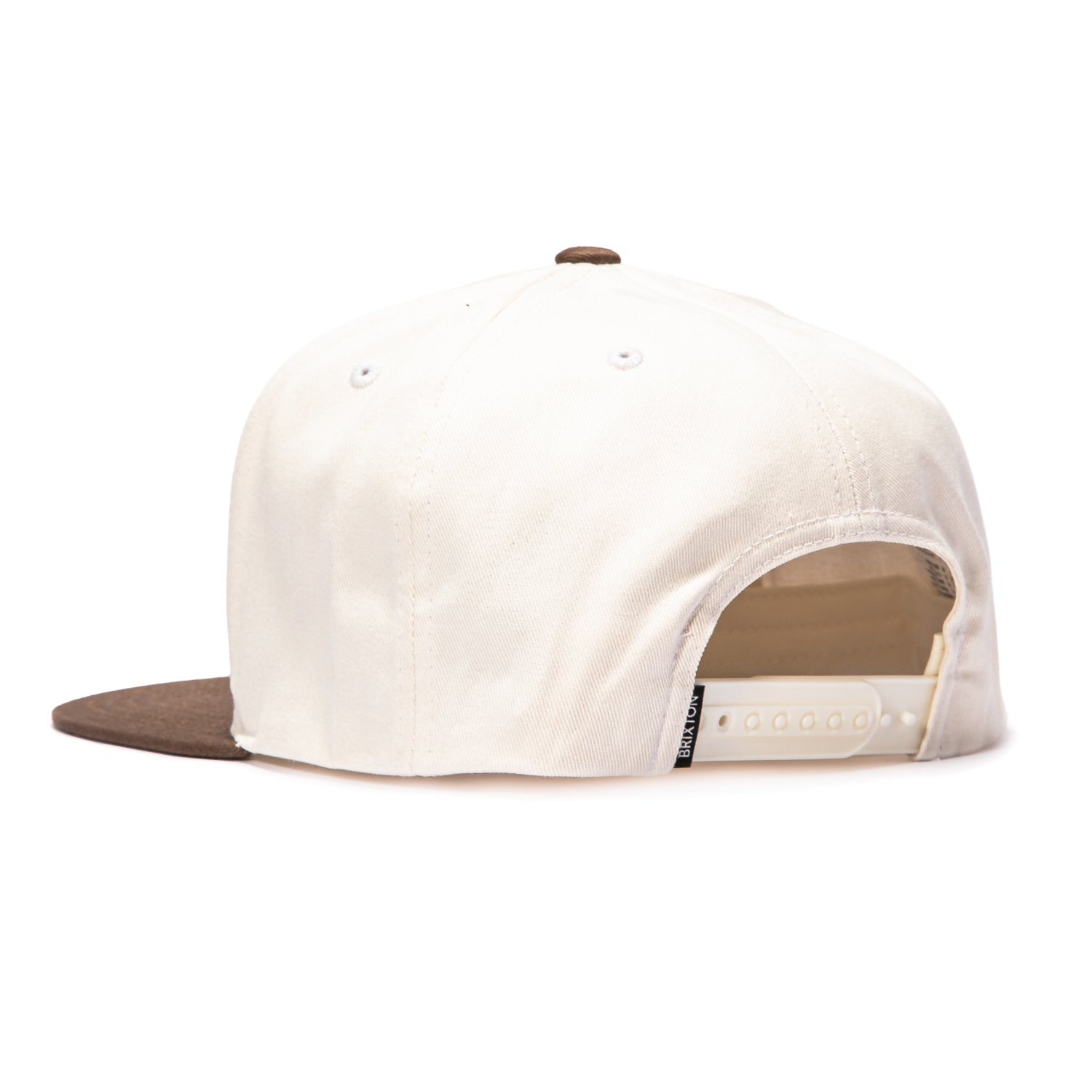 Close-up of Rhett MP Snapback Off White/pinecone Brown Hat showing White canvas crown with brown suede visor and snapback
