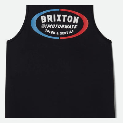Rhett Tank Top Apparel front view, Black with blue and red oval graphic, white Brixton Motorways Speed & Service text, Black