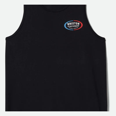 Back of Rhett Tank Top Apparel Black Apparel, Black with small oval graphic in blue, red, and white reading "Brixton