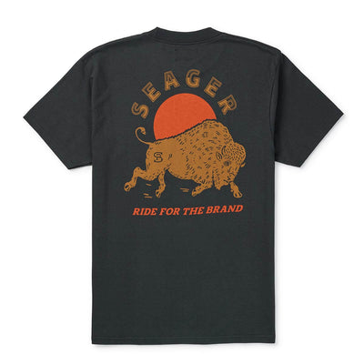 Ride for the Brand front view, Charcoal black with tan outlined text arcing above a tan buffalo illustration and red sun,