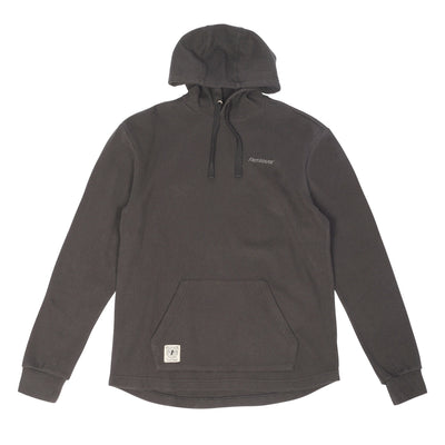 Robin Hooded Thermal Apparel front view, Charcoal pullover hoodie with small cursive chest print and kangaroo pocket detail,
