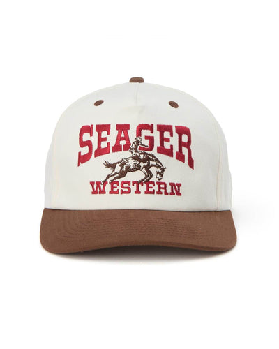 Rodeo Snapback front view, Cream crown with red embroidered "Seager Western" text and bucking horse graphic, brown visor and