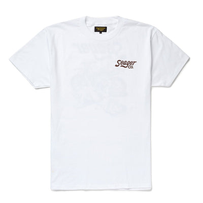Close-up of Romero White Tee showing White tee with burgundy script logo embroidered on chest - Slowride Supply
