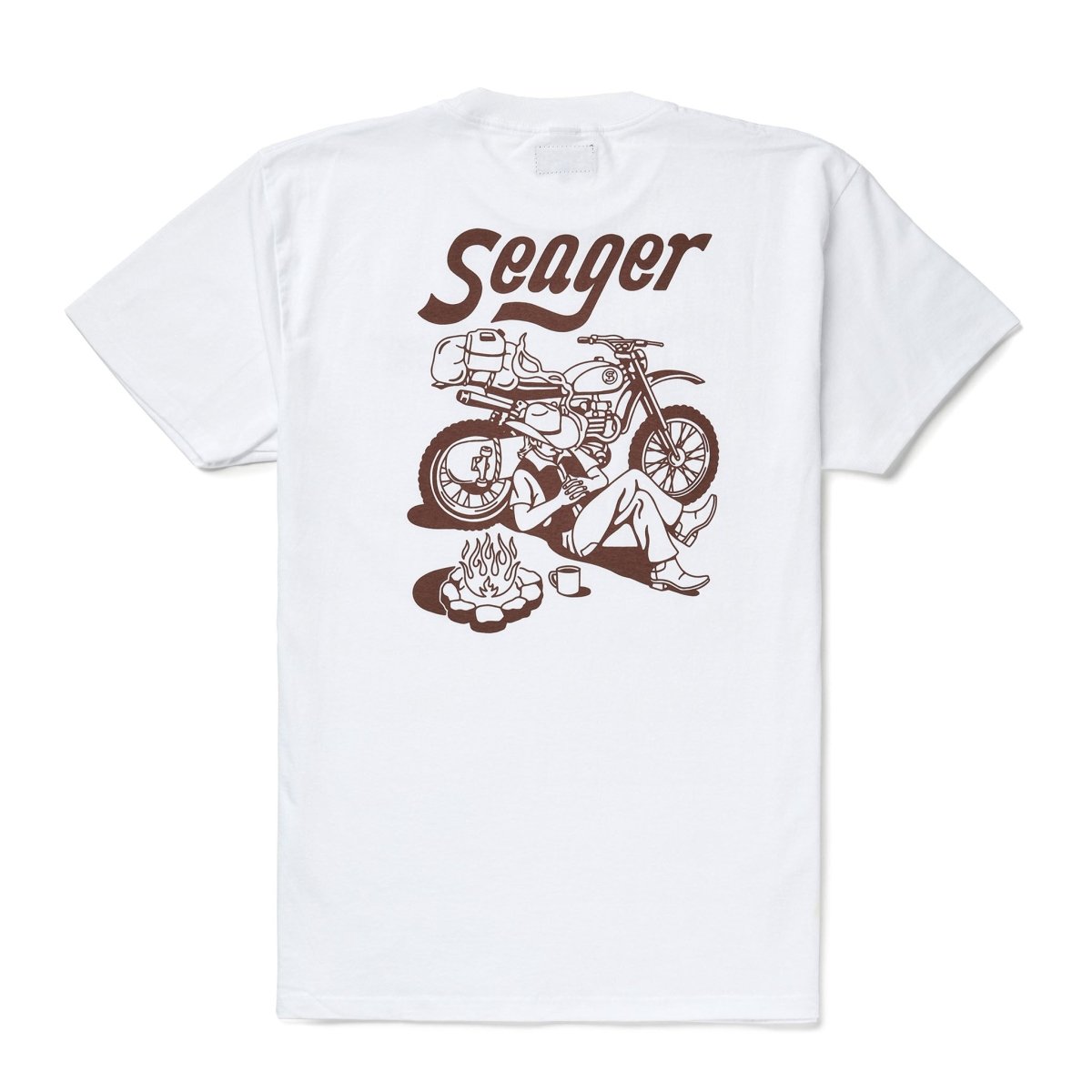 Romero front view, White with brown serif "Seager" text and illustration of figure by campfire with motorcycle and gear,