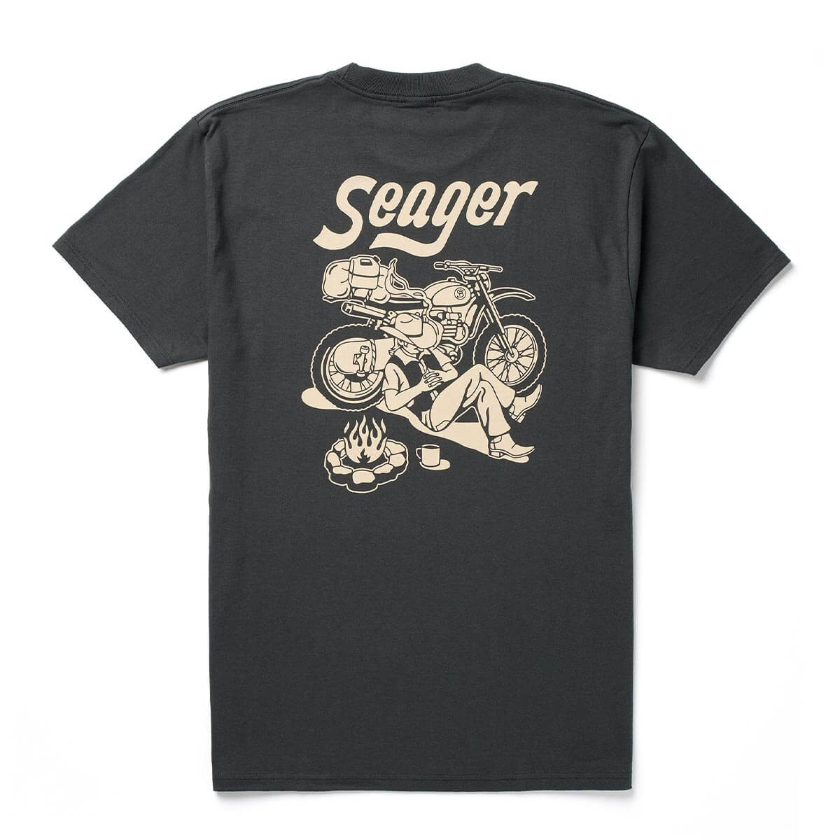 Back of Romero White Tee, Charcoal with cream script text and illustration of figure with loaded motorcycle and campfire -