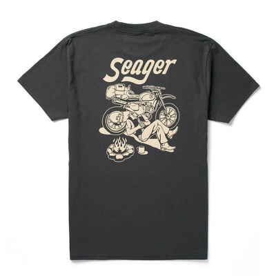 Back of Romero White Tee, Charcoal with cream script text and illustration of figure with loaded motorcycle and campfire -