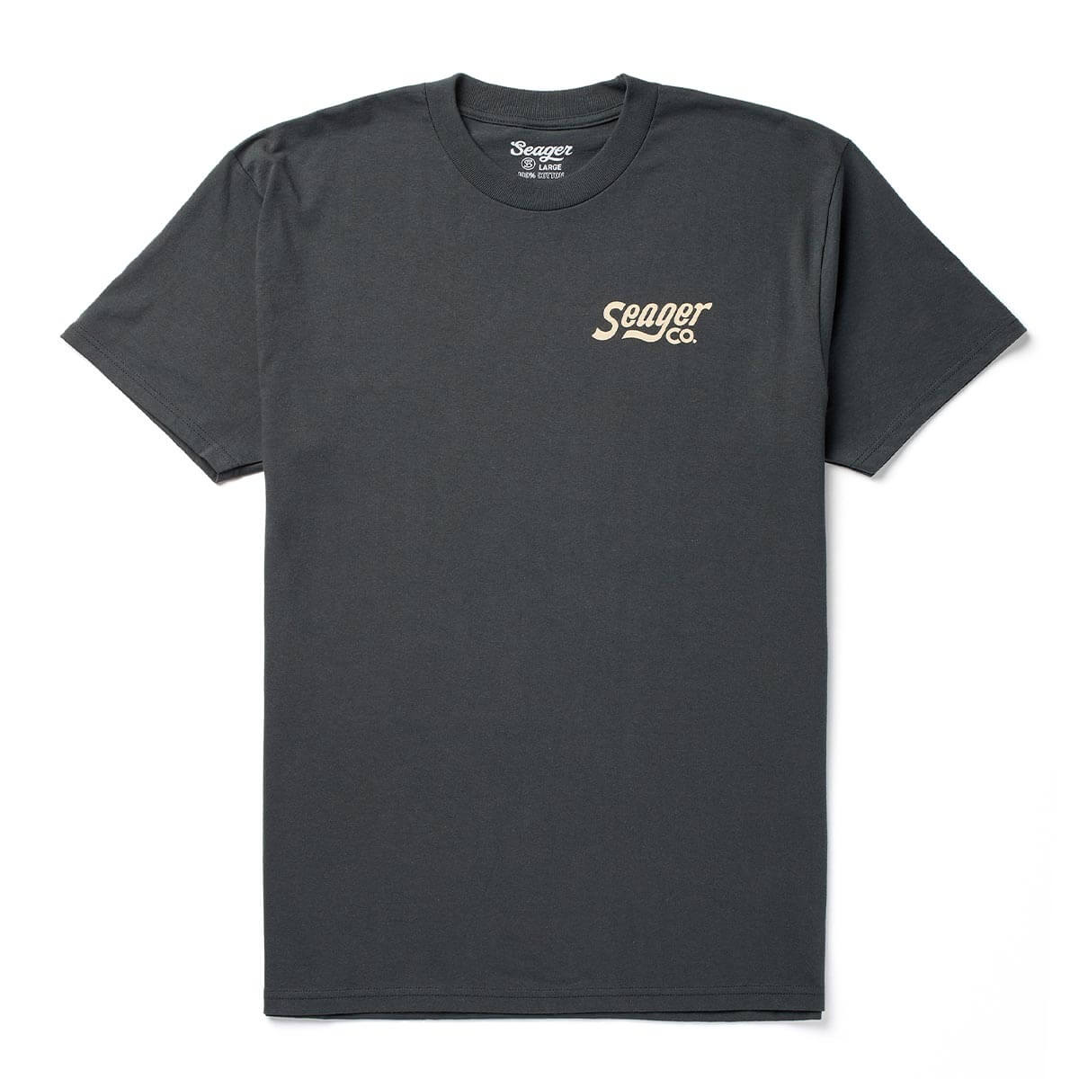 Close-up of Romero White Tee showing Charcoal crew neck tee with small cream script logo on left chest area - Slowride Supply