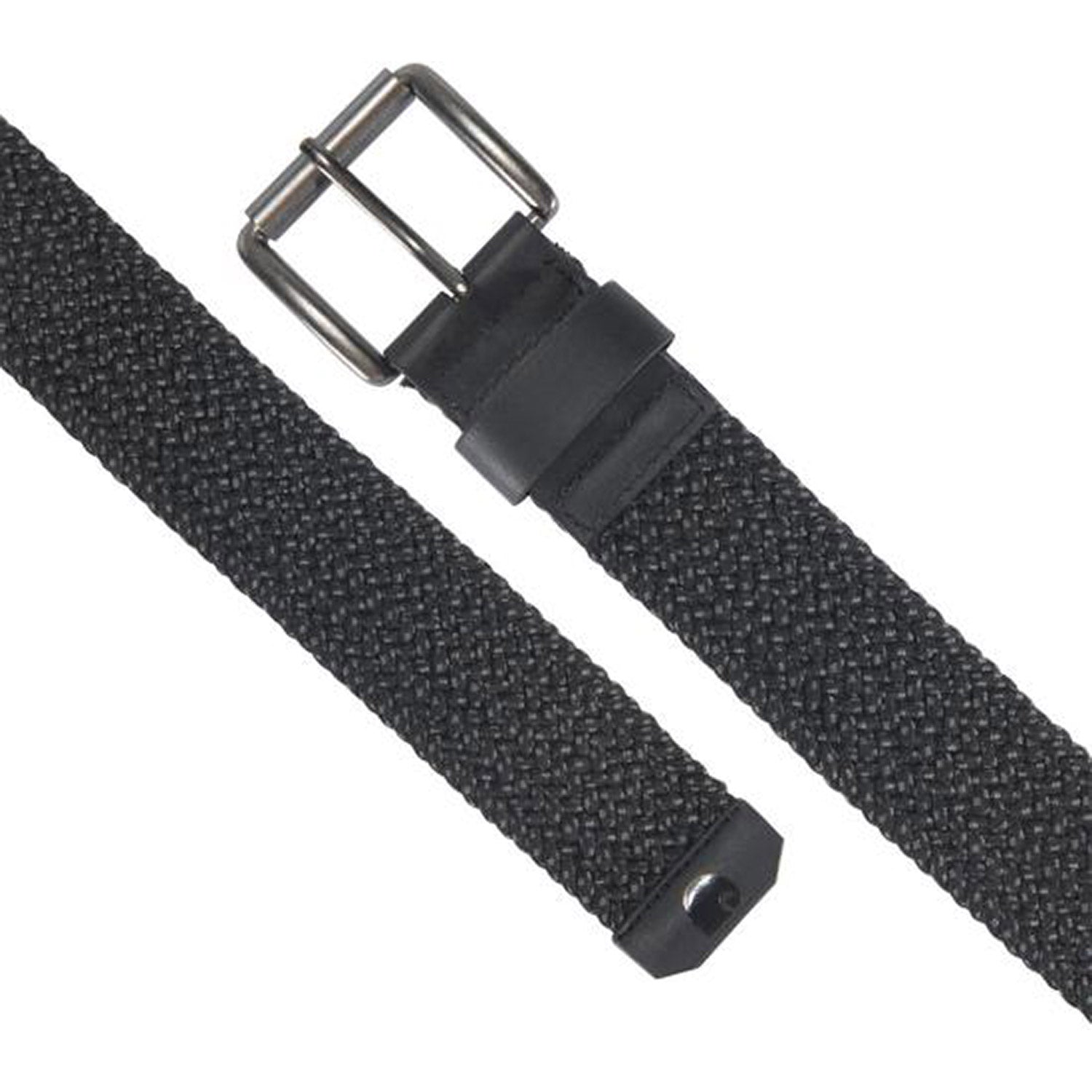 Close-up of Rugged Flex Nylon Cord Braided Belt Accessory Black Accessory showing Black woven nylon with metal buckle and