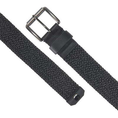 Close-up of Rugged Flex Nylon Cord Braided Belt Accessory Black Accessory showing Black woven nylon with metal buckle and
