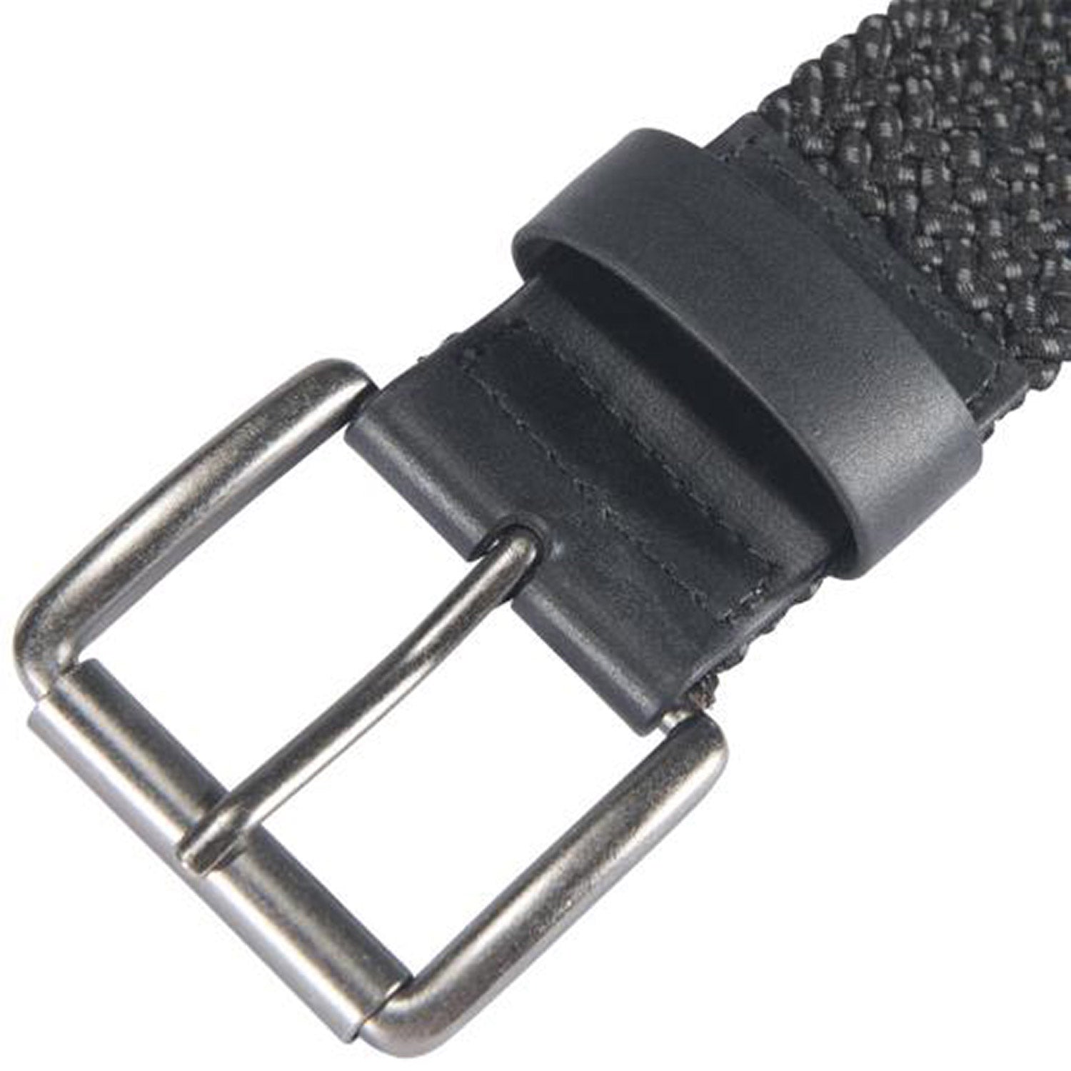 Close-up of Rugged Flex Nylon Cord Braided Belt Accessory Black Accessory showing Metal buckle with black nylon webbing and