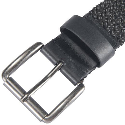 Close-up of Rugged Flex Nylon Cord Braided Belt Accessory Black Accessory showing Metal buckle with black nylon webbing and