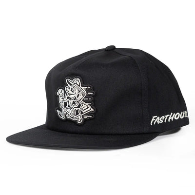 Runner Hat Apparel front view, Black with white embroidered cartoon racer figure and text on front panel, Black Apparel -