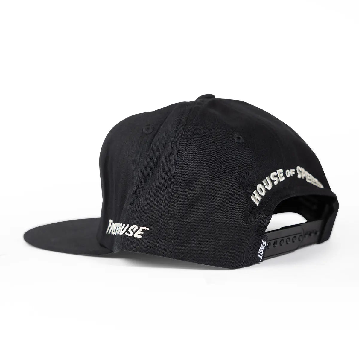 Close-up of Runner Hat Apparel Black Apparel showing Black cotton twill snapback with white embroidered text on front and