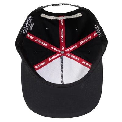 Close-up of Runner Hat Apparel Black Apparel showing Black cap with red and white crossed back straps, gray knit sweatband,