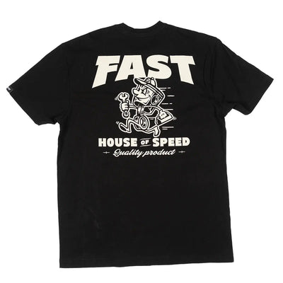 Runner front view, Black with cream FAST text and cartoon mechanic character graphic, House of Speed lettering below, Black