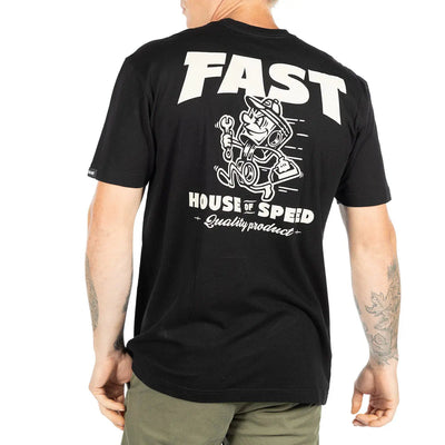 Person wearing Runner Black Tee, Man wearing black t-shirt standing against white studio background - Slowride Supply