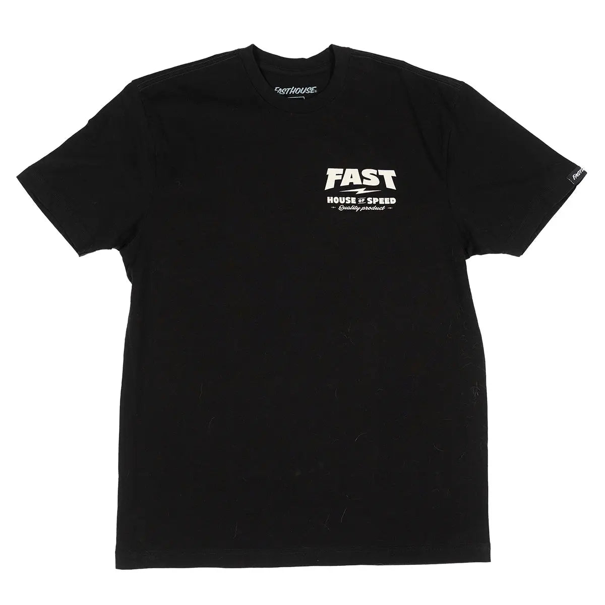 Close-up of Runner Black Tee showing Black with white "Fast House of Speed" text and script tagline on chest, small sleeve