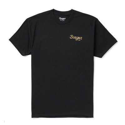 Close-up of Russ Fill Black Tee showing Black tee with small gold script embroidery on chest - Slowride Supply