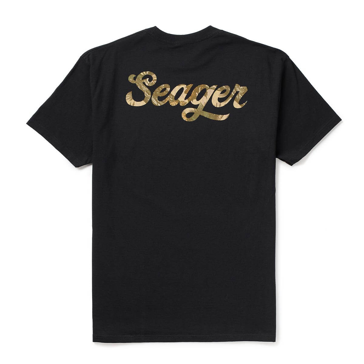 Russ Fill front view, Black with gold script lettering across back shoulders, Black Tee - Slowride Supply
