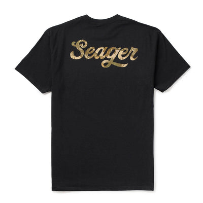 Russ Fill front view, Black with gold script lettering across back shoulders, Black Tee - Slowride Supply