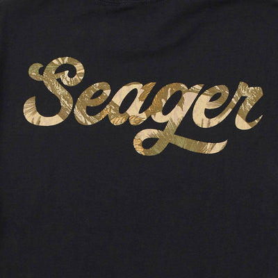 Close-up of Russ Fill Black Tee showing Gold foil script lettering with brushstroke texture and dimensional shading on black
