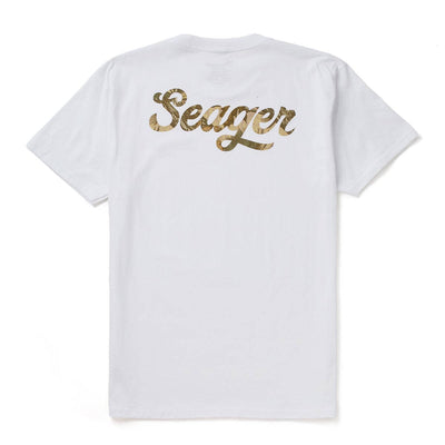 Back of Russ Fill Black Tee, White with gold foil script text reading "Seager - Slowride Supply