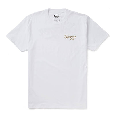 Close-up of Russ Fill Black Tee showing White with tan embroidered script logo on chest - Slowride Supply