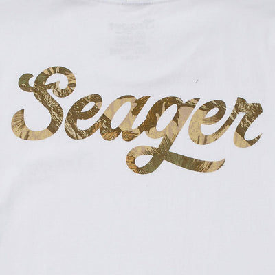 Close-up of Russ Fill Black Tee showing Gold foil texture fill within cursive lettering on white fabric - Slowride Supply