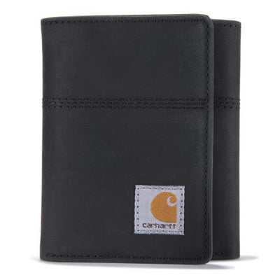 Back of Saddle Leather Trifold Wallet Accessory Black Accessory, Black leather trifold with stitched label patch and orange