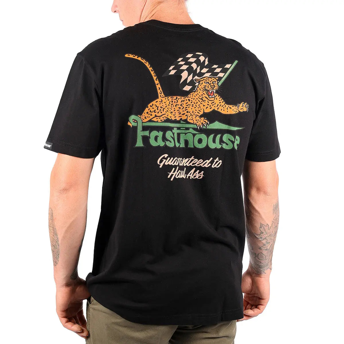 Back of Savanna Tee Black Black Tee, Black with gold leopard, checkered flag, green text reading "Fastinousr" and cream