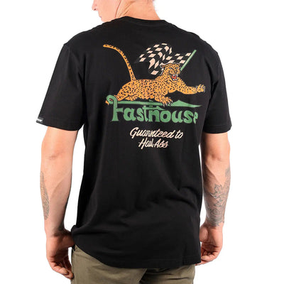 Back of Savanna Tee Black Black Tee, Black with gold leopard, checkered flag, green text reading "Fastinousr" and cream