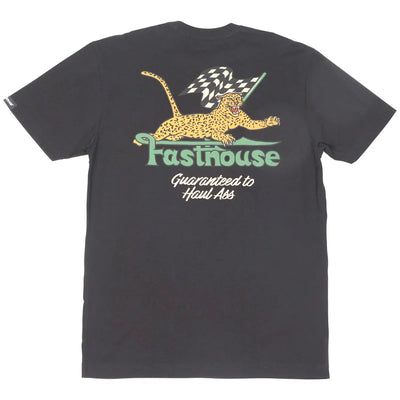 Savanna Tee Black front view, Black with yellow leopard holding checkered flag, green text reading "Fasthouse" and white