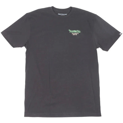 Close-up of Savanna Tee Black Black Tee showing Charcoal gray tee with small green script logo and text on chest, small logo