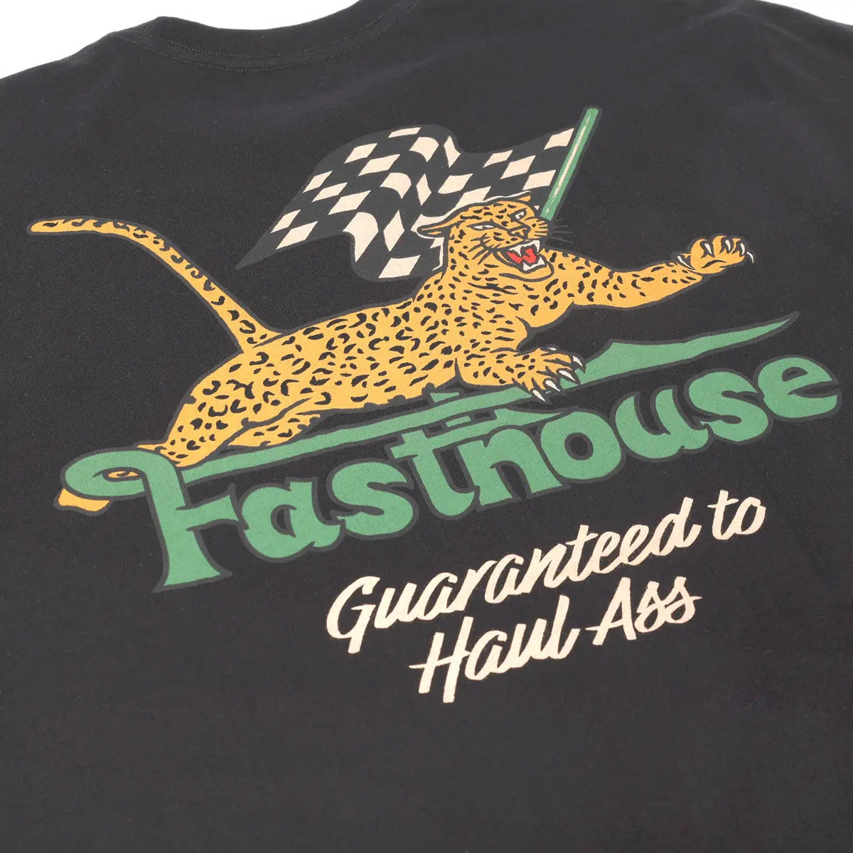 Close-up of Savanna Tee Black Black Tee showing Screen-printed graphic detail showing spotted leopard with checkered flag