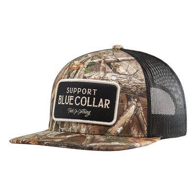 SBC Realtree Barricade Trucker front view, Realtree camouflage front and bill with black mesh back panel, black patch with